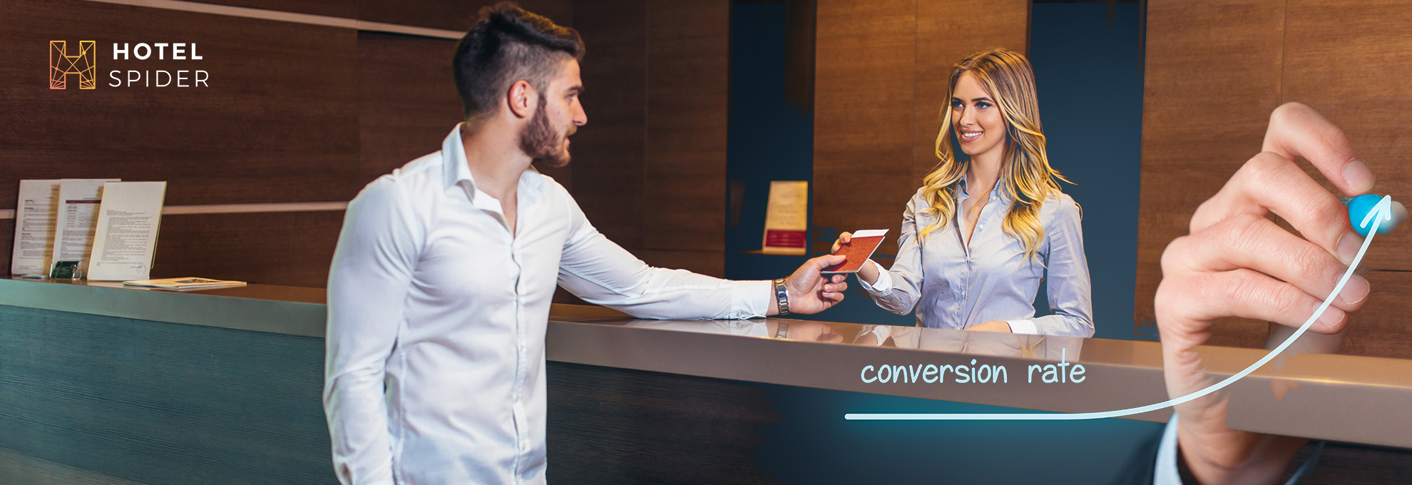 Hotel Booking - Increase conversion Rates two persons in a hotel reception with a hand drawing a high conversion rate graph