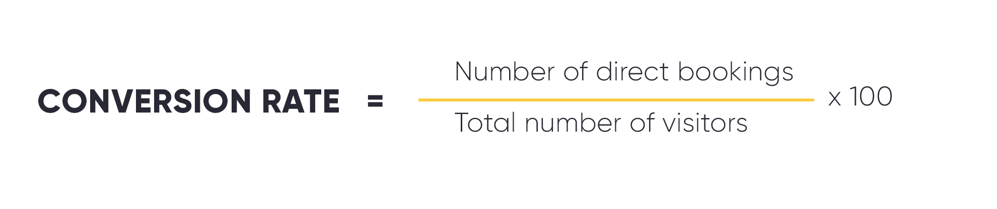 Conversion rate formula Formula conversion rate = number of direct bookings divided by total visitors multiply by 100